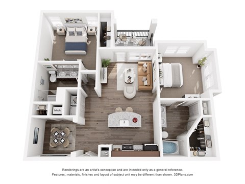 Floor plan for 2 beds, 2 baths, 1231 sqft